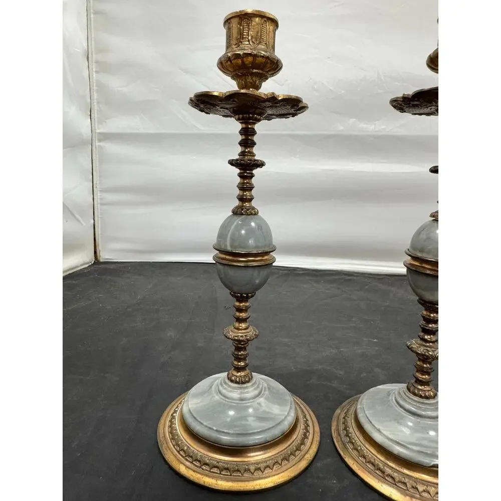 Antique Pair of 19th Century French Napoleon III Grey Marble Bronze Candlesticks